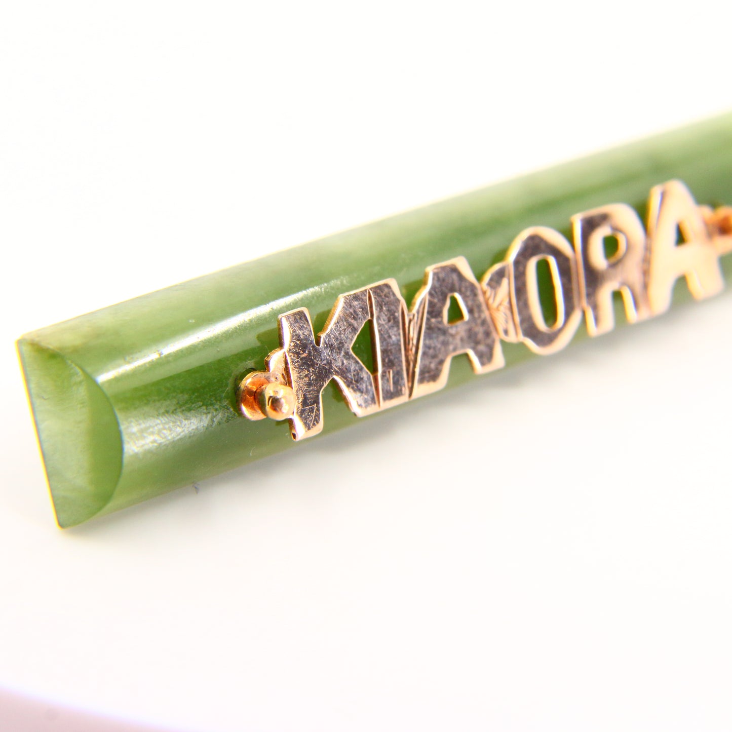 Vintage Kia Ora 9ct Jade Bar Brooch New Zealand Pounamu Yellow Gold NZ