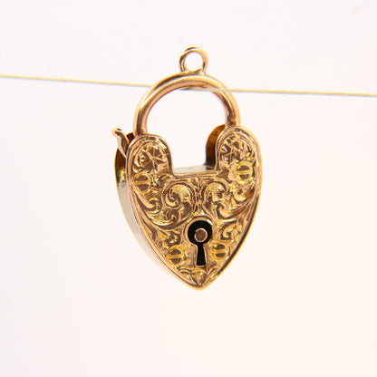 Vintage 9ct Engraved Heart Lock Charm Padlock Closer Solid Gold Pendant Craft Gift