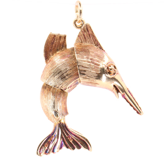Vintage 9ct Hallmarked Gold Articulated Swordfish Pendant Fish Animal Charm