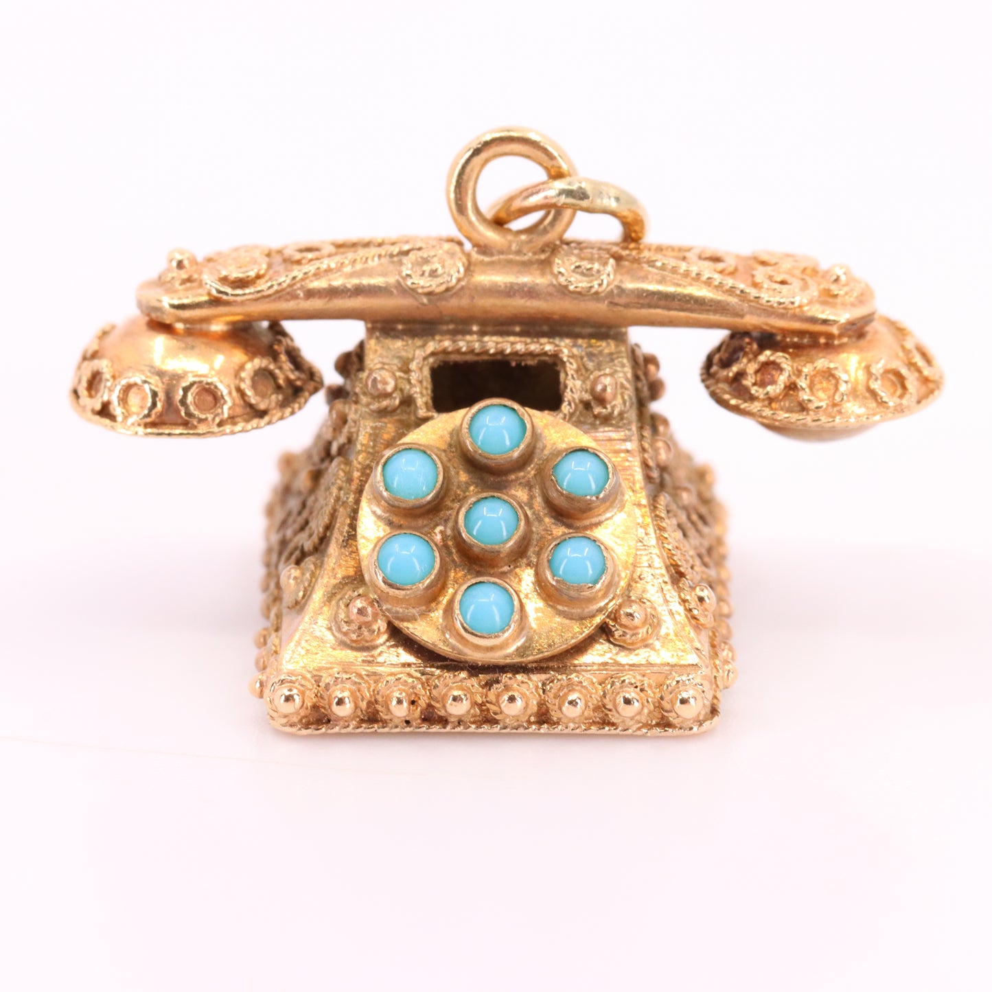 Vintage 9ct Hallmarked Gold Turquoise Rotary Phone Pendant Retro Charm Gift