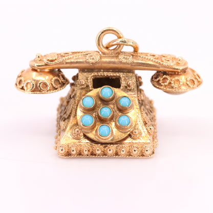 Vintage 9ct Hallmarked Gold Turquoise Rotary Phone Pendant Retro Charm Gift