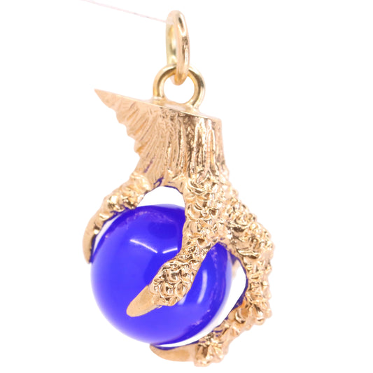Vintage 9ct Hallmarked Yellow Gold Blue Agate Claw Charm Talisman Pendant Gift