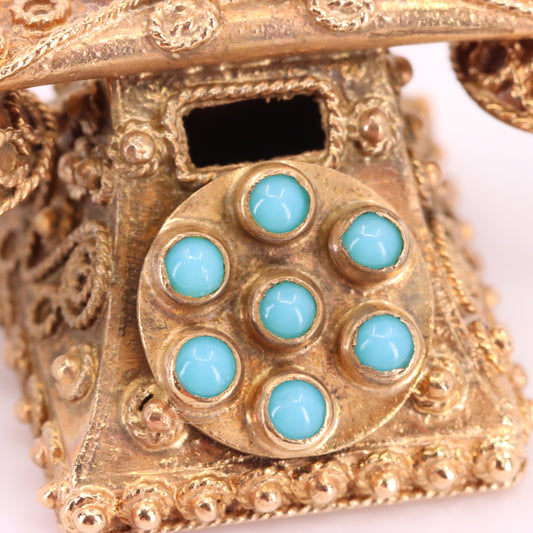Vintage 9ct Hallmarked Gold Turquoise Rotary Phone Pendant Retro Charm Gift