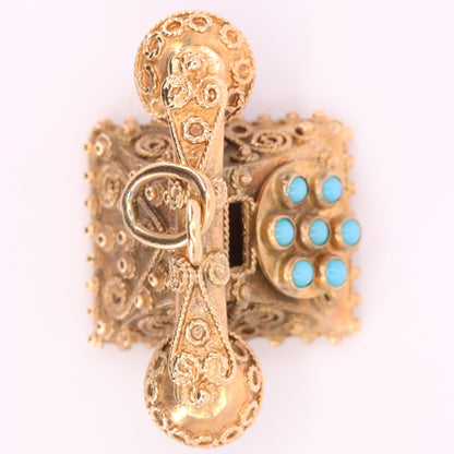 Vintage 9ct Hallmarked Gold Turquoise Rotary Phone Pendant Retro Charm Gift