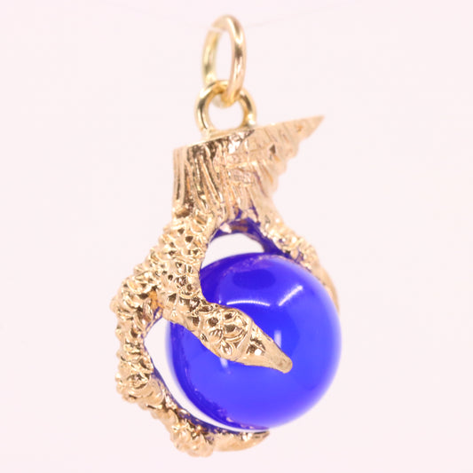 Vintage 9ct Hallmarked Yellow Gold Blue Agate Claw Charm Talisman Pendant Gift