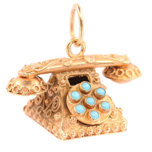 Vintage 9ct Hallmarked Gold Turquoise Rotary Phone Pendant Retro Charm Gift