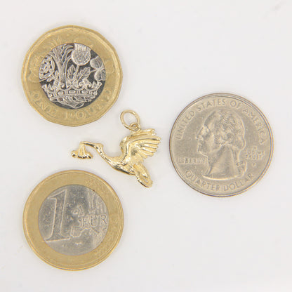 Vintage 9ct Gold Stork With Baby Pendant Yellow Gold Animal Charm Gift