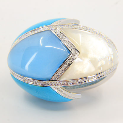 Vintage Large 18ct Gold Turquoise & Mother of Pearl 1.95ct Diamond Egg Pendant