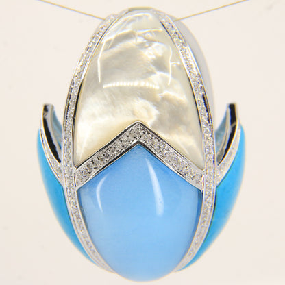 Vintage Large 18ct Gold Turquoise & Mother of Pearl 1.95ct Diamond Egg Pendant