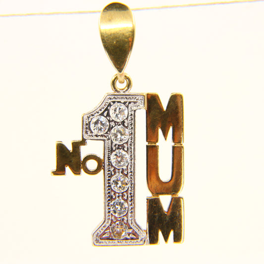 Vintage 9ct NO1 MUM Mother CZ Cubic Zirconia Solid Gold Pendant Charm Mothers Day Gift