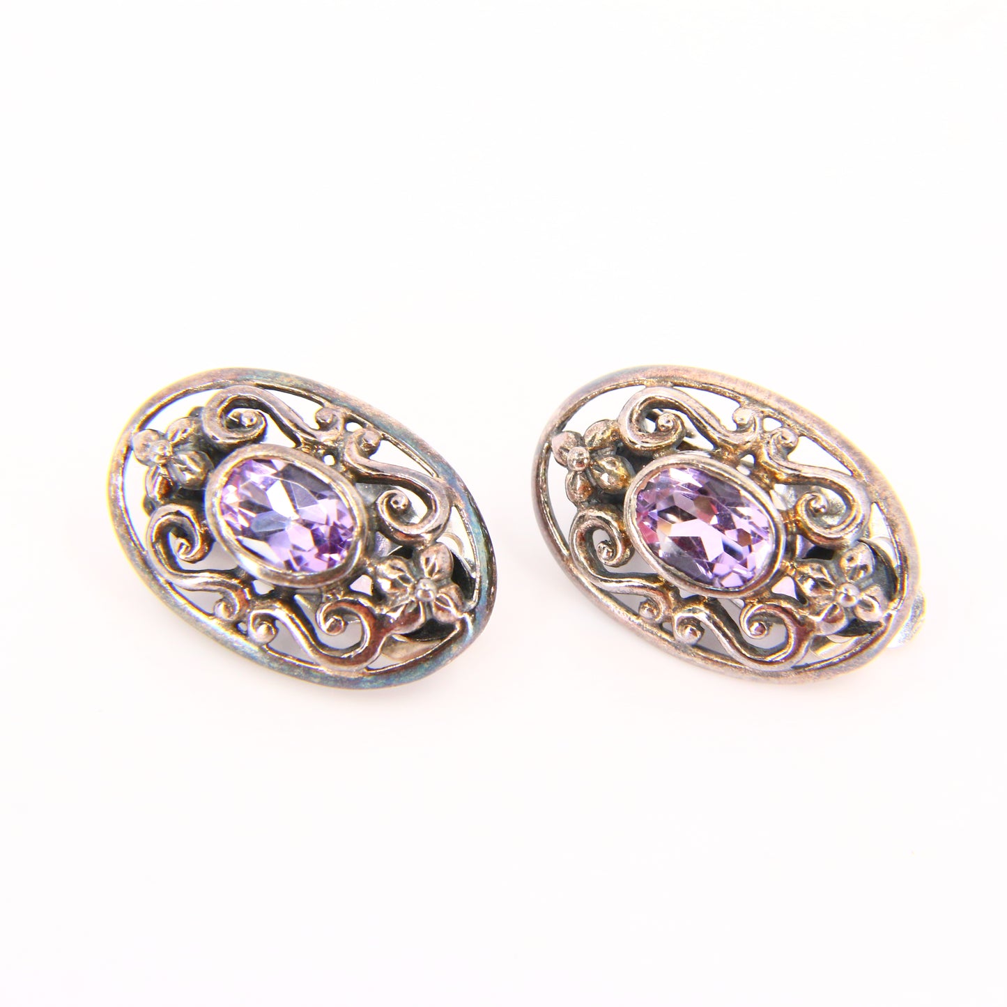 Vintage  Silver Natural Purple Amethyst Earrings Set Clip-on Earrings Sterling Silver