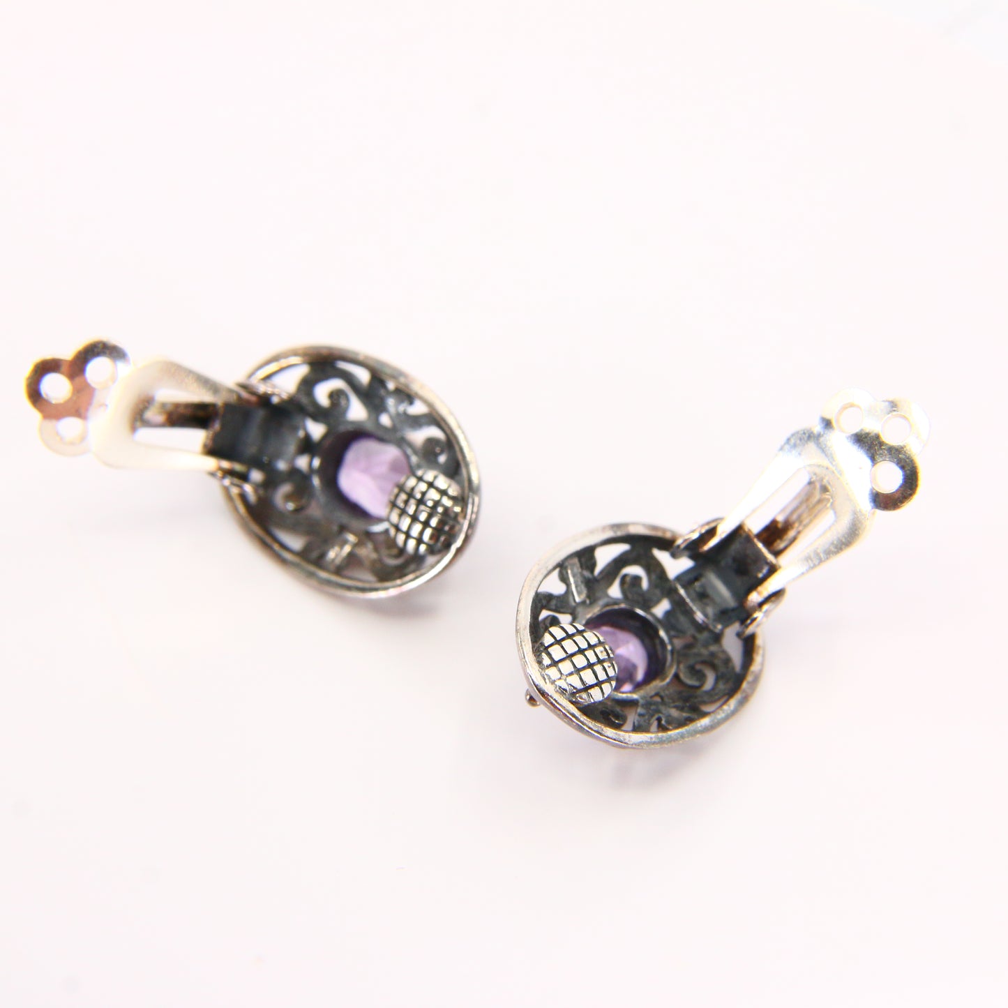 Vintage  Silver Natural Purple Amethyst Earrings Set Clip-on Earrings Sterling Silver