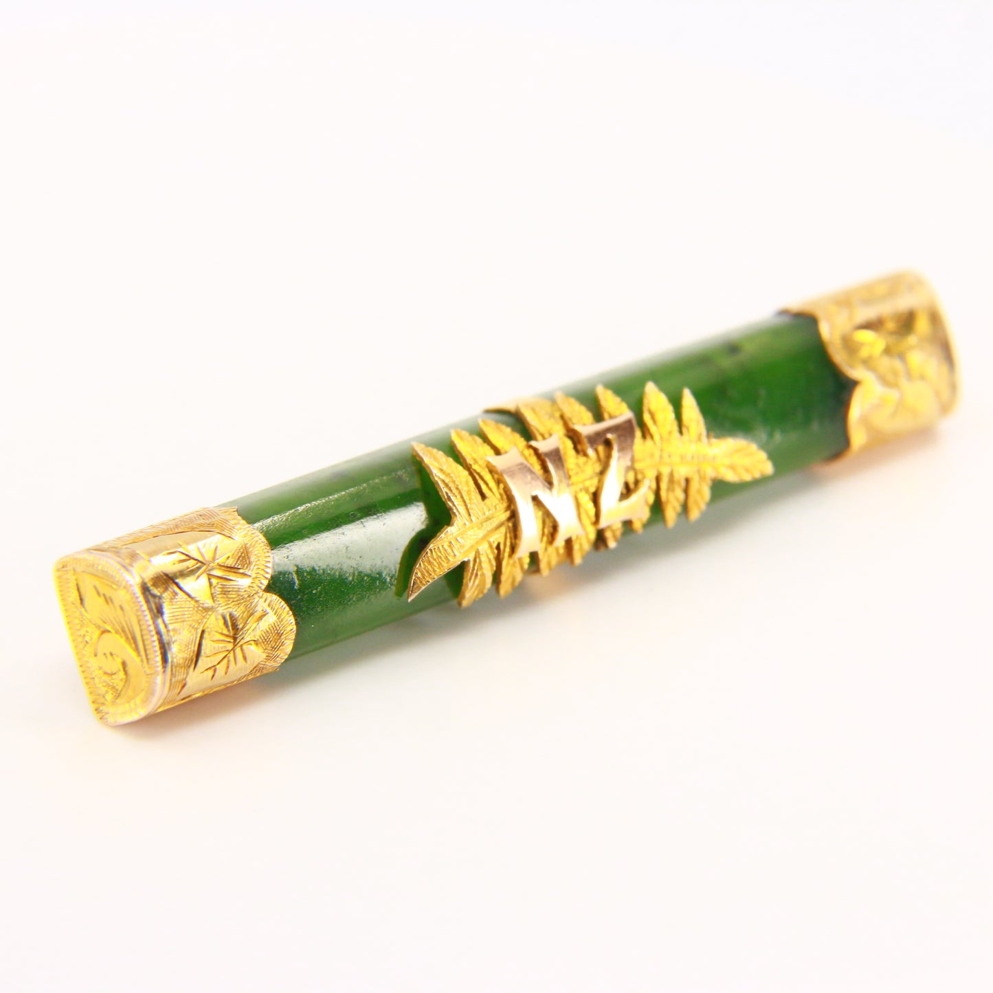 Vintage 9ct Jade Bar Brooch New Zealand Pounamu Yellow Gold NZ Gold Leaf Brooch