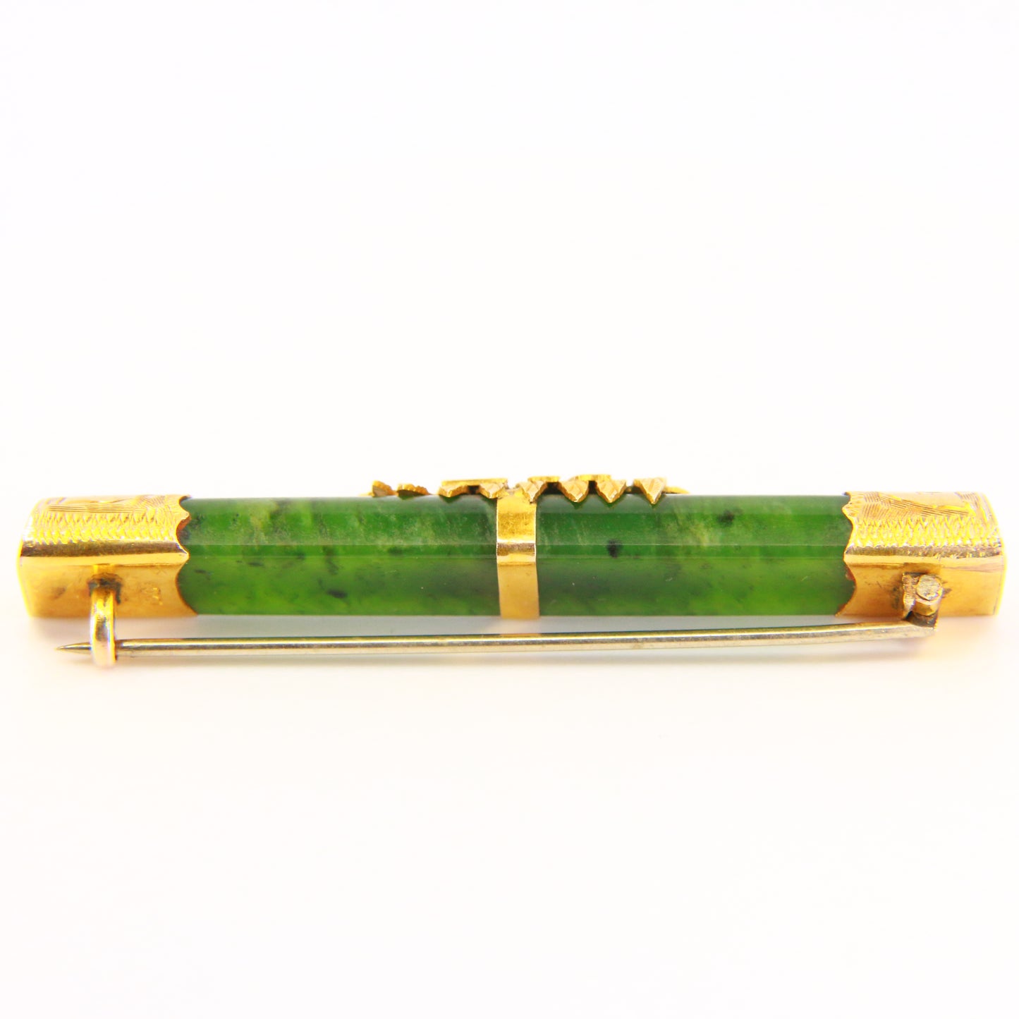 Vintage 9ct Jade Bar Brooch New Zealand Pounamu Yellow Gold NZ Gold Leaf Brooch