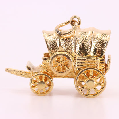 Vintage 9ct Hallmarked Yellow Gold Western Wagon Charm Cowboy Travel Pendant