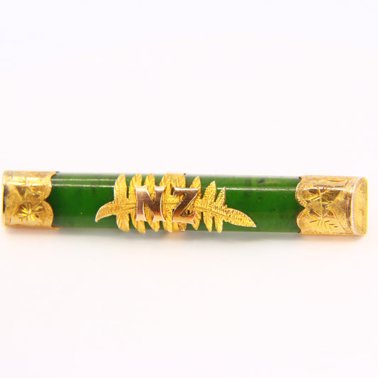 Vintage 9ct Jade Bar Brooch New Zealand Pounamu Yellow Gold NZ Gold Leaf Brooch