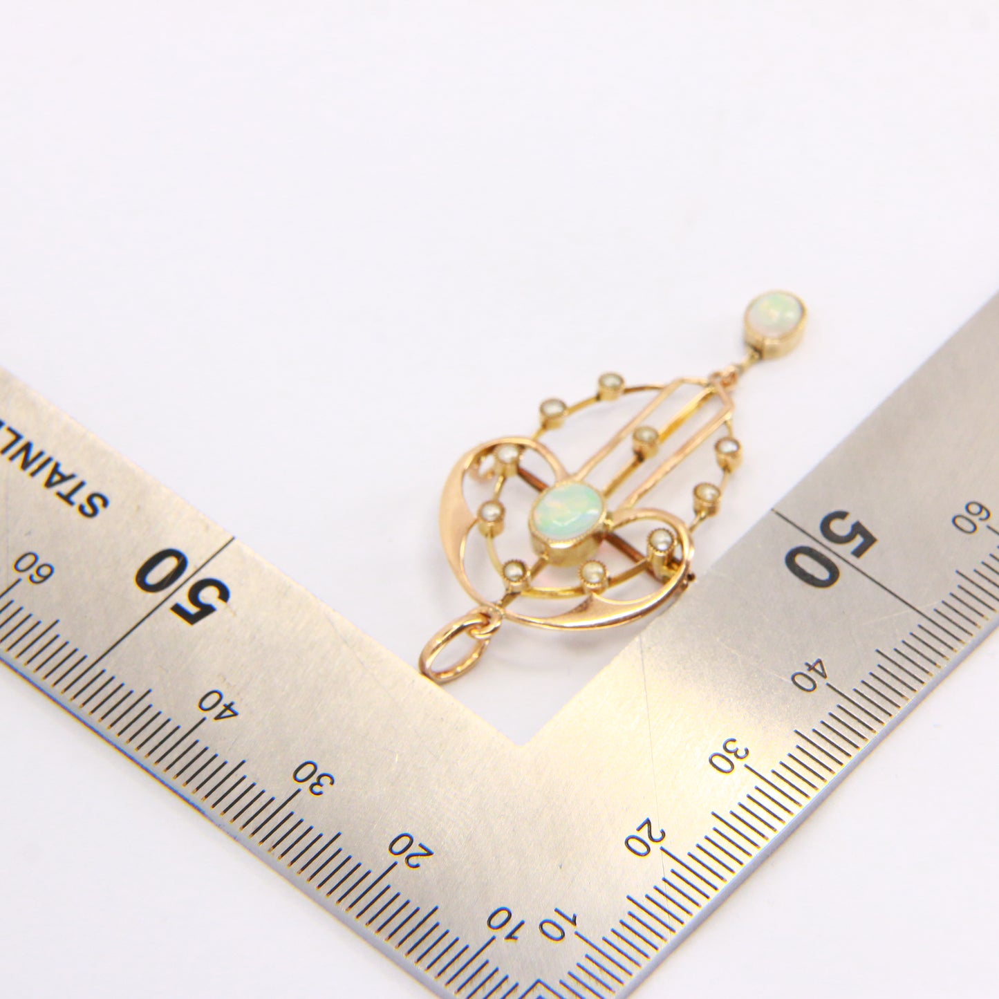 Vintage Art Nouveau Opal & Seed Pearls 9 Carat Gold Pendant Brooch