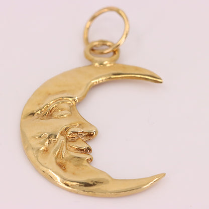 Vintage 9ct Gold Crescent Moon Face Charm Pendant Celestial Jewellery Space Gift