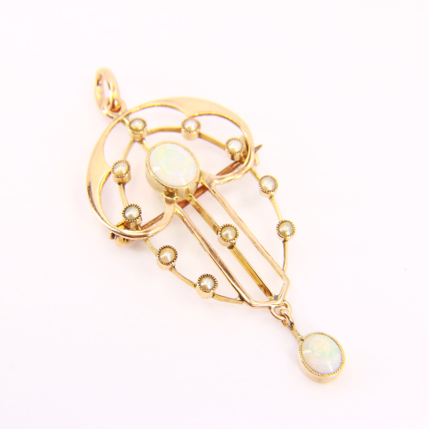 Vintage Art Nouveau Opal & Seed Pearls 9 Carat Gold Pendant Brooch