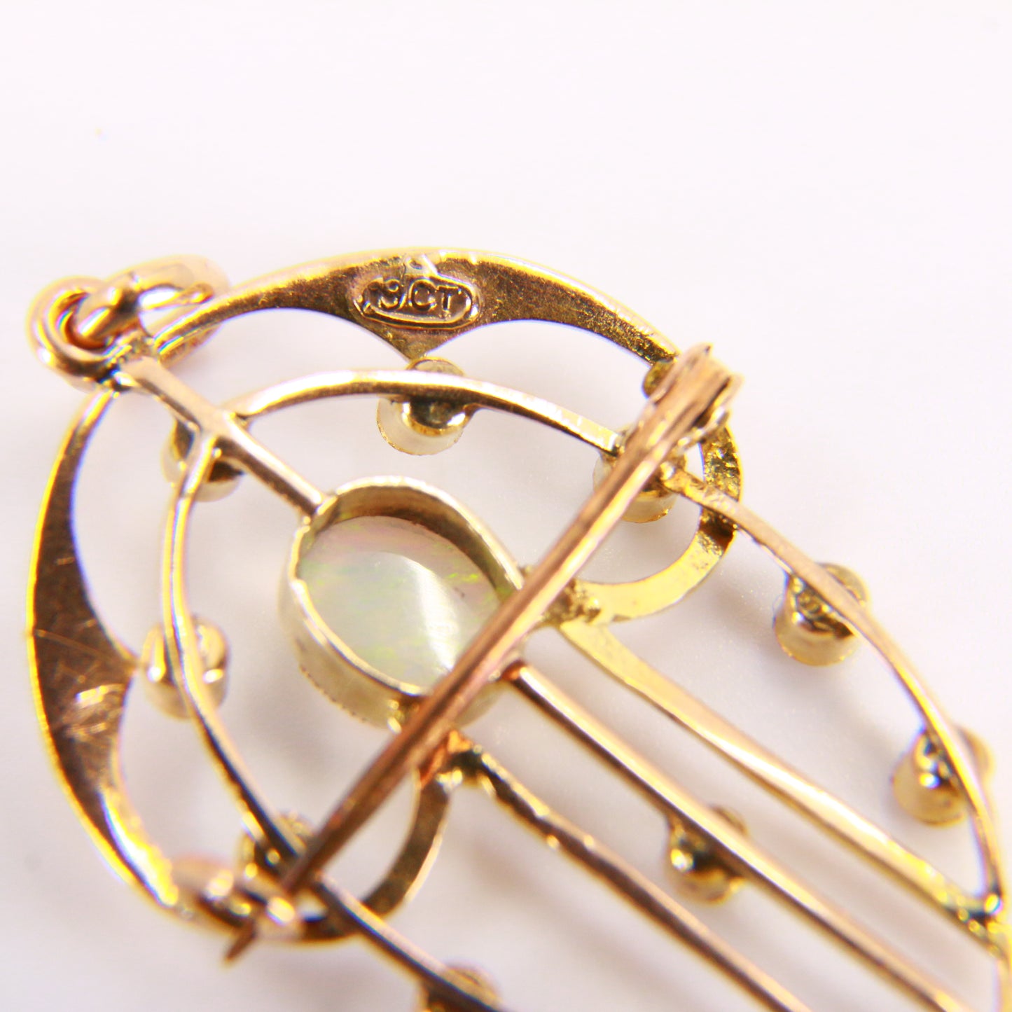 Vintage Art Nouveau Opal & Seed Pearls 9 Carat Gold Pendant Brooch