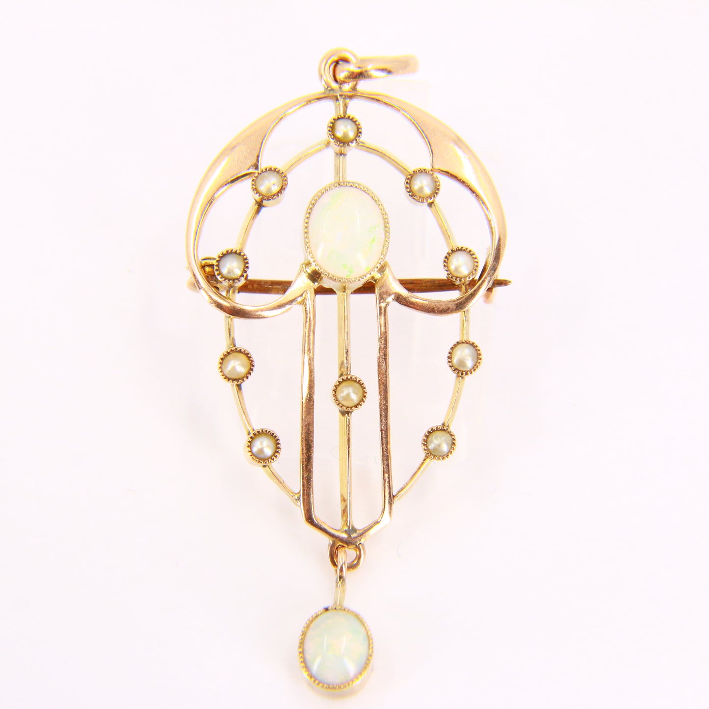 Vintage Art Nouveau Opal & Seed Pearls 9 Carat Gold Pendant Brooch