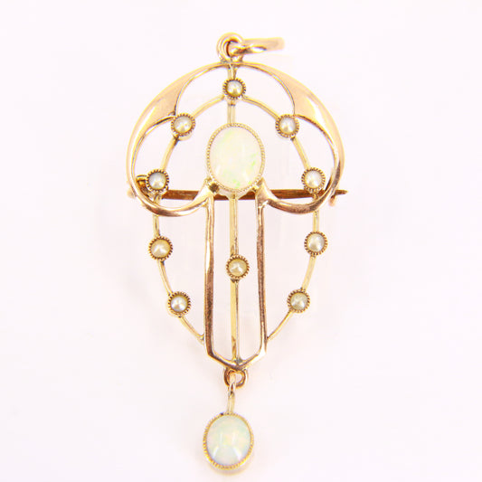 Vintage Art Nouveau Opal & Seed Pearls 9 Carat Gold Pendant Brooch