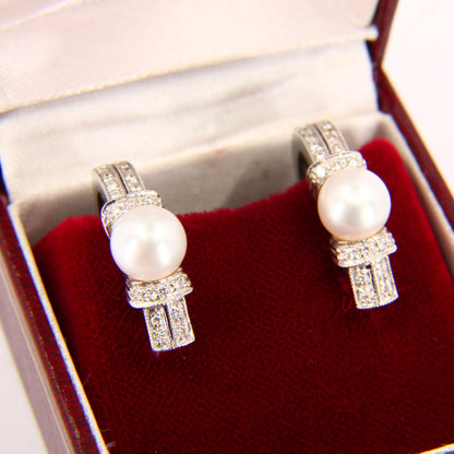 Vintage 18ct Gold Diamond & Pearl Dangle Earrings 18 Carat White Gold Boxed Gift