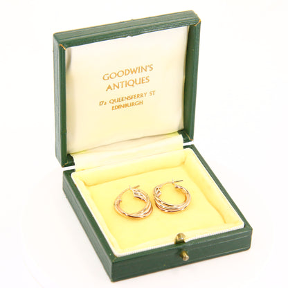 Vintage 9ct Tri Colour Gold Creole Hoop Earrings 9 Carat Hallmarked Yellow Gold Boxed Gift