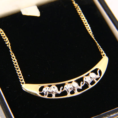 Vintage 9ct Two Tone Elephant March Hallmarked Solid Gold Pendant Necklace 16.5 INCH Boxed Gift