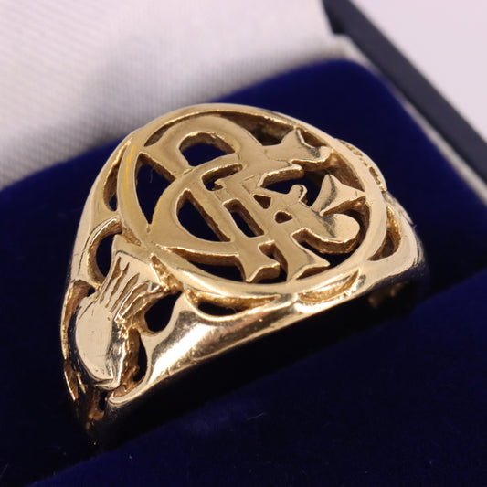 Vintage 9ct Hallmarked Yellow Gold Rangers RFC Football Ring UK SIZE S Boxed