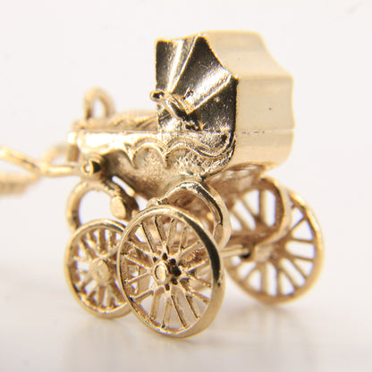 Vintage 9ct Hallmarked Gold Pram Pendant Charm Baby Carriage New Baby Gift