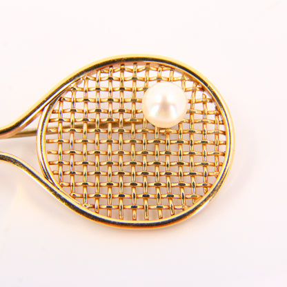 Vintage 9ct Tennis Brooch Pearl set Ball 9 Carat Tennis Racket Brooch Fine Gold