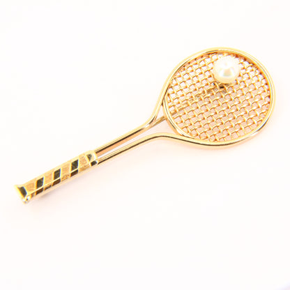 Vintage 9ct Tennis Brooch Pearl set Ball 9 Carat Tennis Racket Brooch Fine Gold