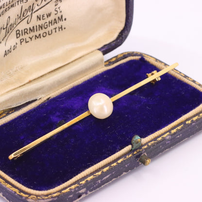 Vintage 15ct Yellow Gold Scottish Freshwater River Pearl Bar Brooch Boxed Gift
