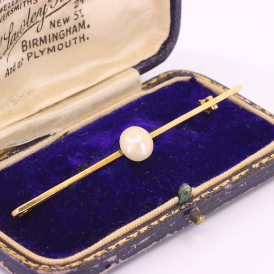 Vintage 15ct Yellow Gold Scottish Freshwater River Pearl Bar Brooch Boxed Gift