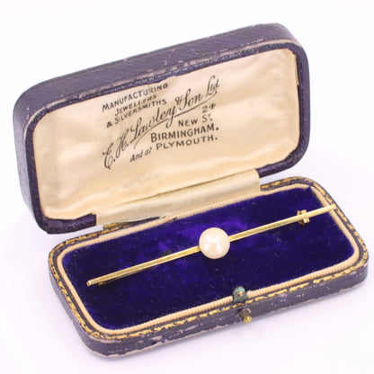 Vintage 15ct Yellow Gold Scottish Freshwater River Pearl Bar Brooch Boxed Gift