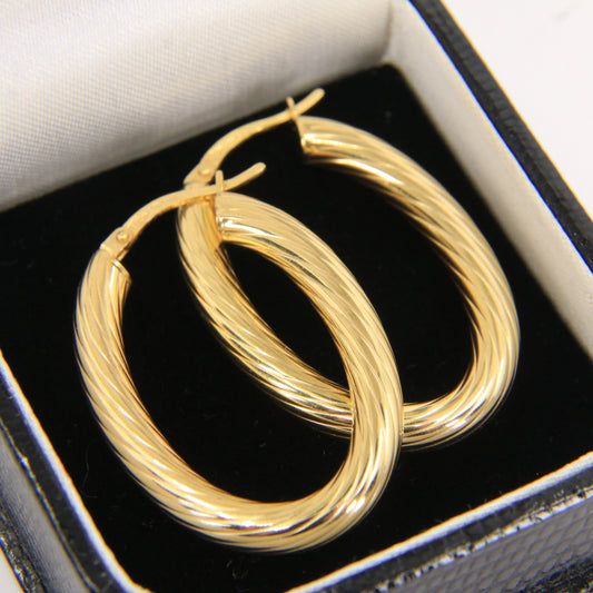 Vintage 9ct Hallmarked Gold Hoop Earrings Textured Oval Hoops Boxed Gift