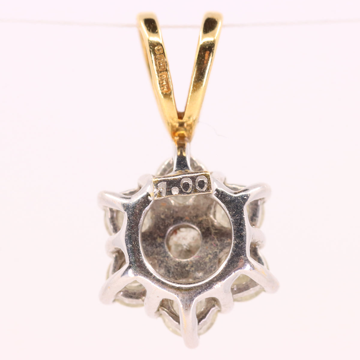 Vintage 18ct Hallmarked Gold 1ct Diamond 7 Stone Flower Cluster Pendant Gift