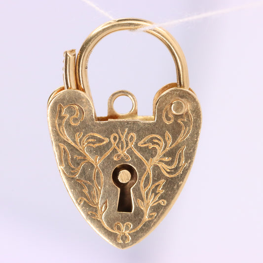 Vintage 9ct Yellow Gold Hallmarked Floral Engraved Heart Padlock Charm Pendant