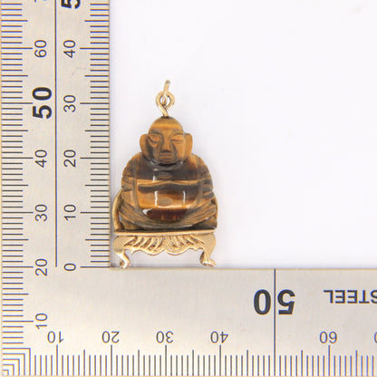 Vintage 9ct Hallmarked Gold Tiger Eye Buddha Pendant Charm Carved Gemstone Gift