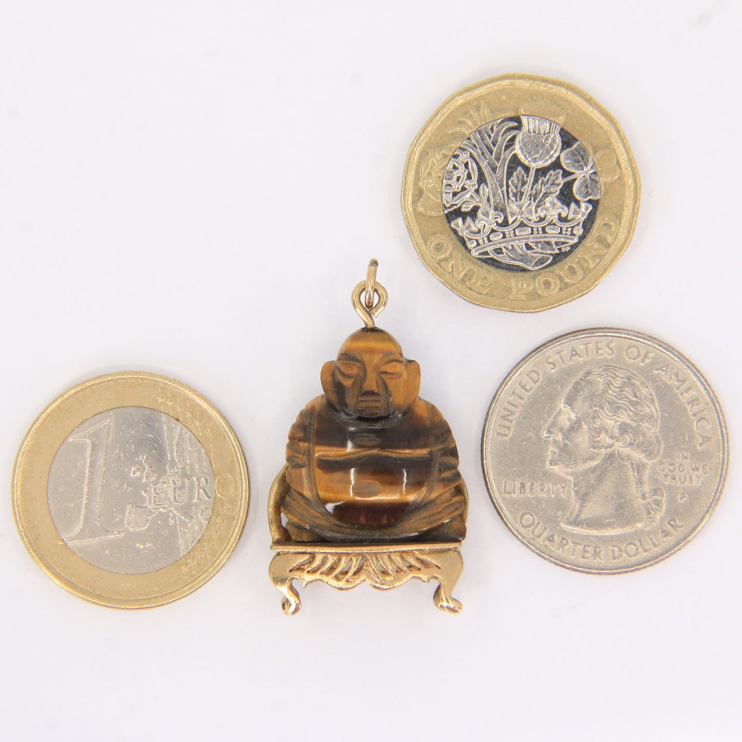 Vintage 9ct Hallmarked Gold Tiger Eye Buddha Pendant Charm Carved Gemstone Gift