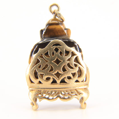 Vintage 9ct Hallmarked Gold Tiger Eye Buddha Pendant Charm Carved Gemstone Gift