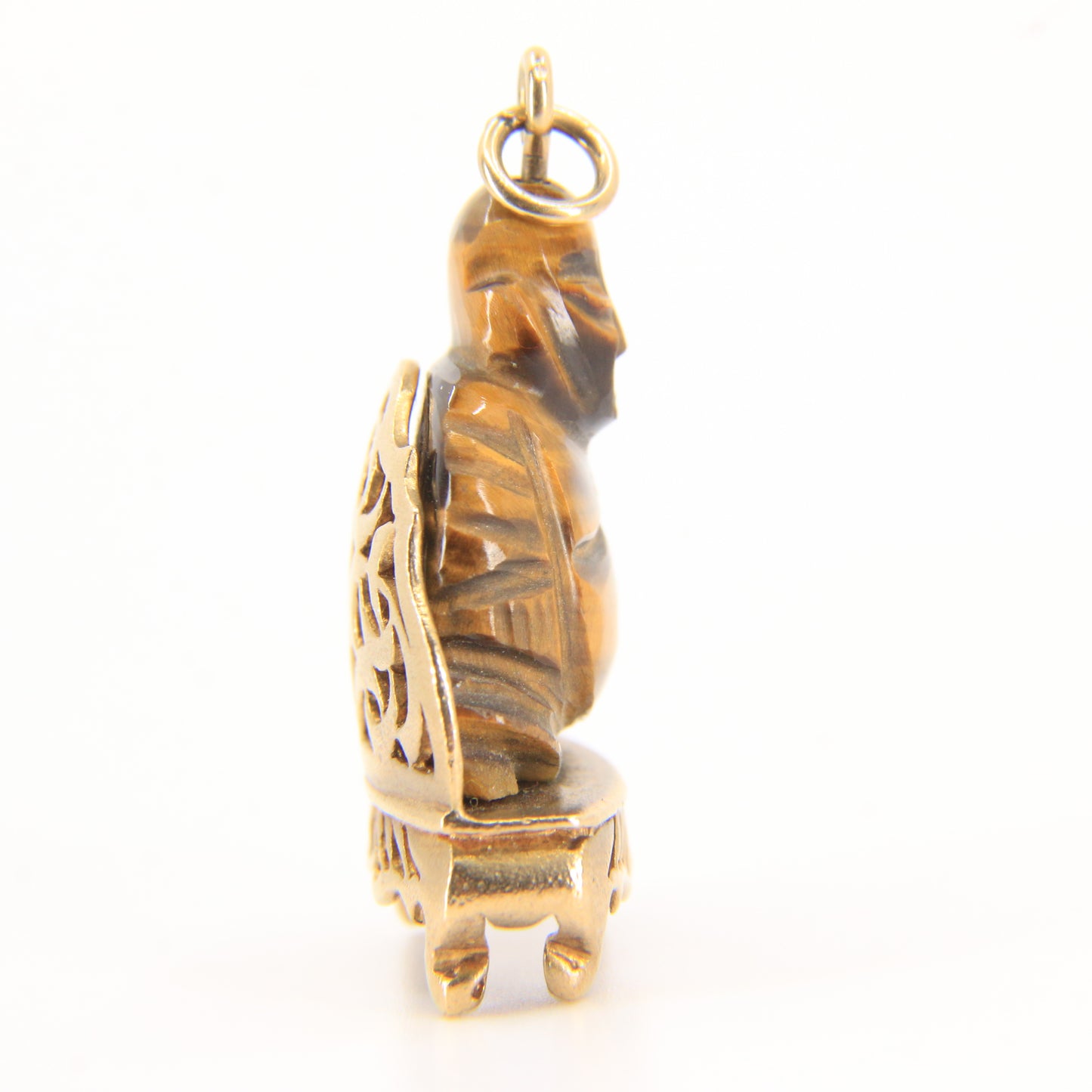 Vintage 9ct Hallmarked Gold Tiger Eye Buddha Pendant Charm Carved Gemstone Gift