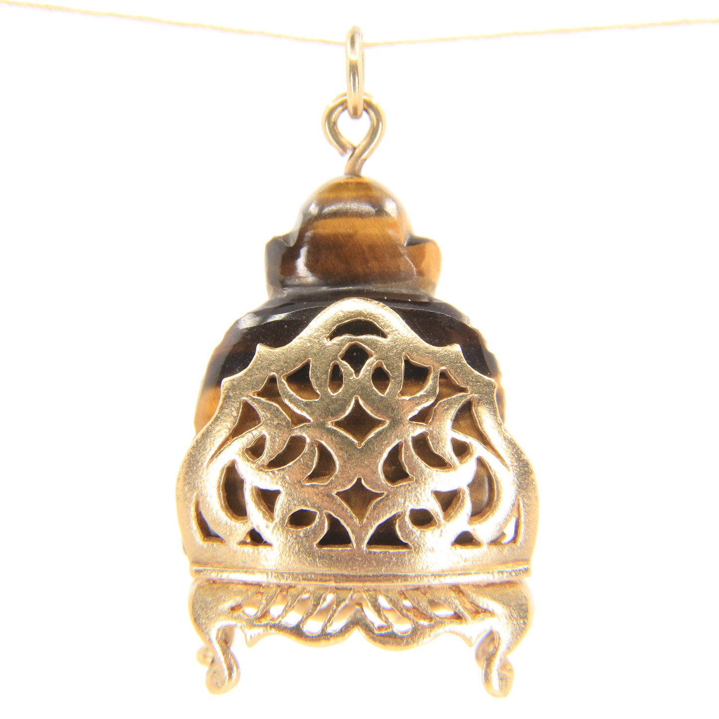 Vintage 9ct Hallmarked Gold Tiger Eye Buddha Pendant Charm Carved Gemstone Gift