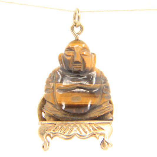 Vintage 9ct Hallmarked Gold Tiger Eye Buddha Pendant Charm Carved Gemstone Gift