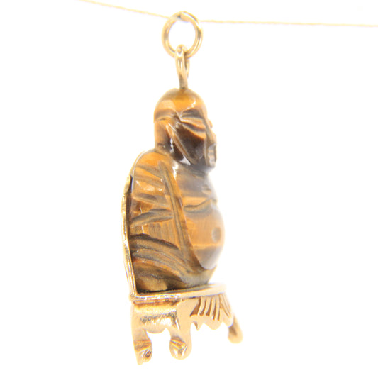 Vintage 9ct Hallmarked Gold Tiger Eye Buddha Pendant Charm Carved Gemstone Gift