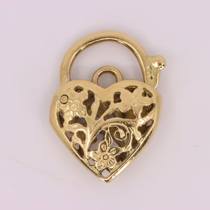 Vintage 9ct Yellow Gold Heart Lock Charm Padlock Pendant Floral Openwork Detail