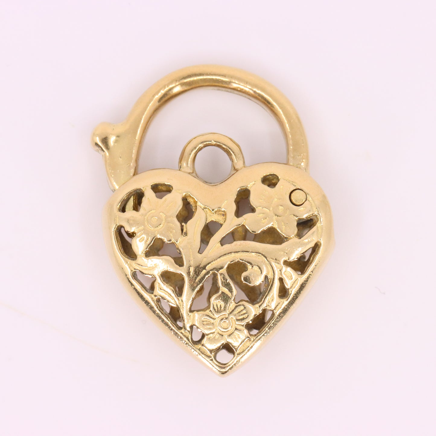 Vintage 9ct Yellow Gold Heart Lock Charm Padlock Pendant Floral Openwork Detail