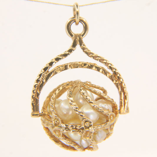 Vintage 9ct Hallmarked Gold Spinner Pendant Pearl Charm Fob Ornate Gift