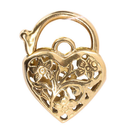 Vintage 9ct Yellow Gold Heart Lock Charm Padlock Pendant Floral Openwork Detail